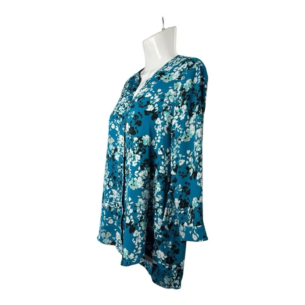 Dana Buchman Top Blouse Sz Medium Teal Blue Floral 3/4 Sleeve Split Neck Career